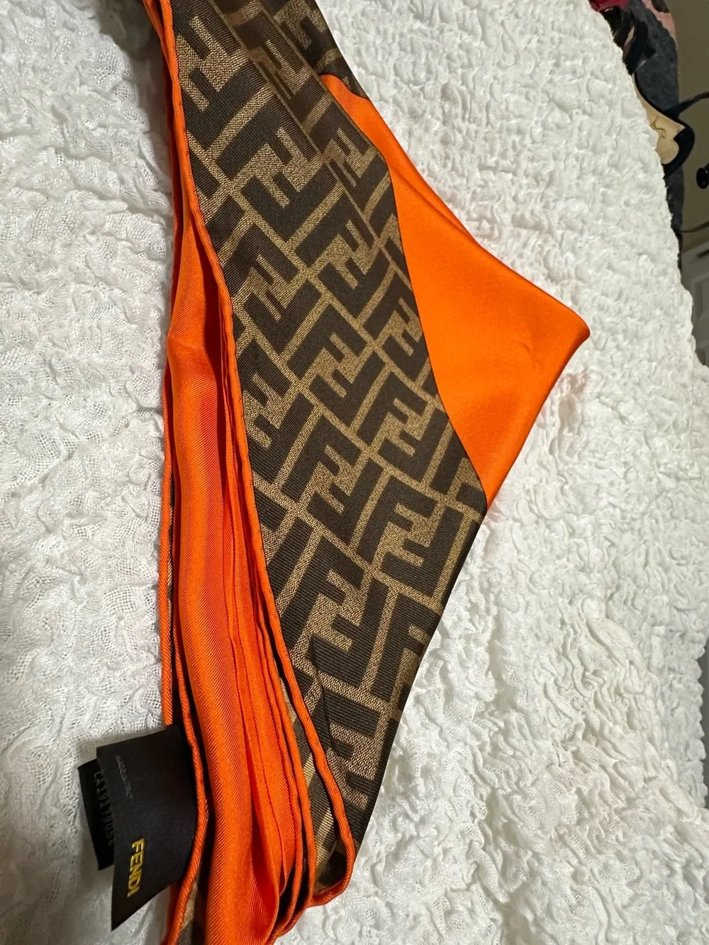 Fendi Brown Monogram with Vibrant Orange Silk Square Scarf